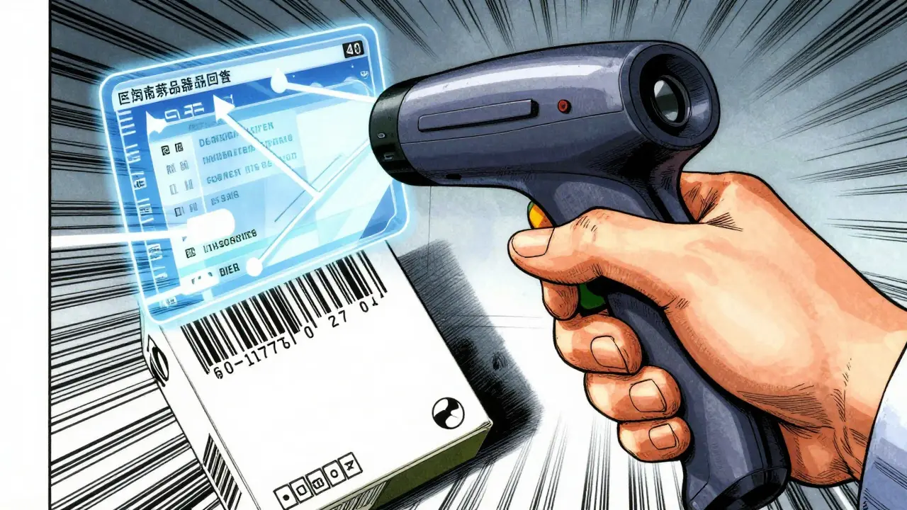 Hand scanning medication barcode with digital data effects