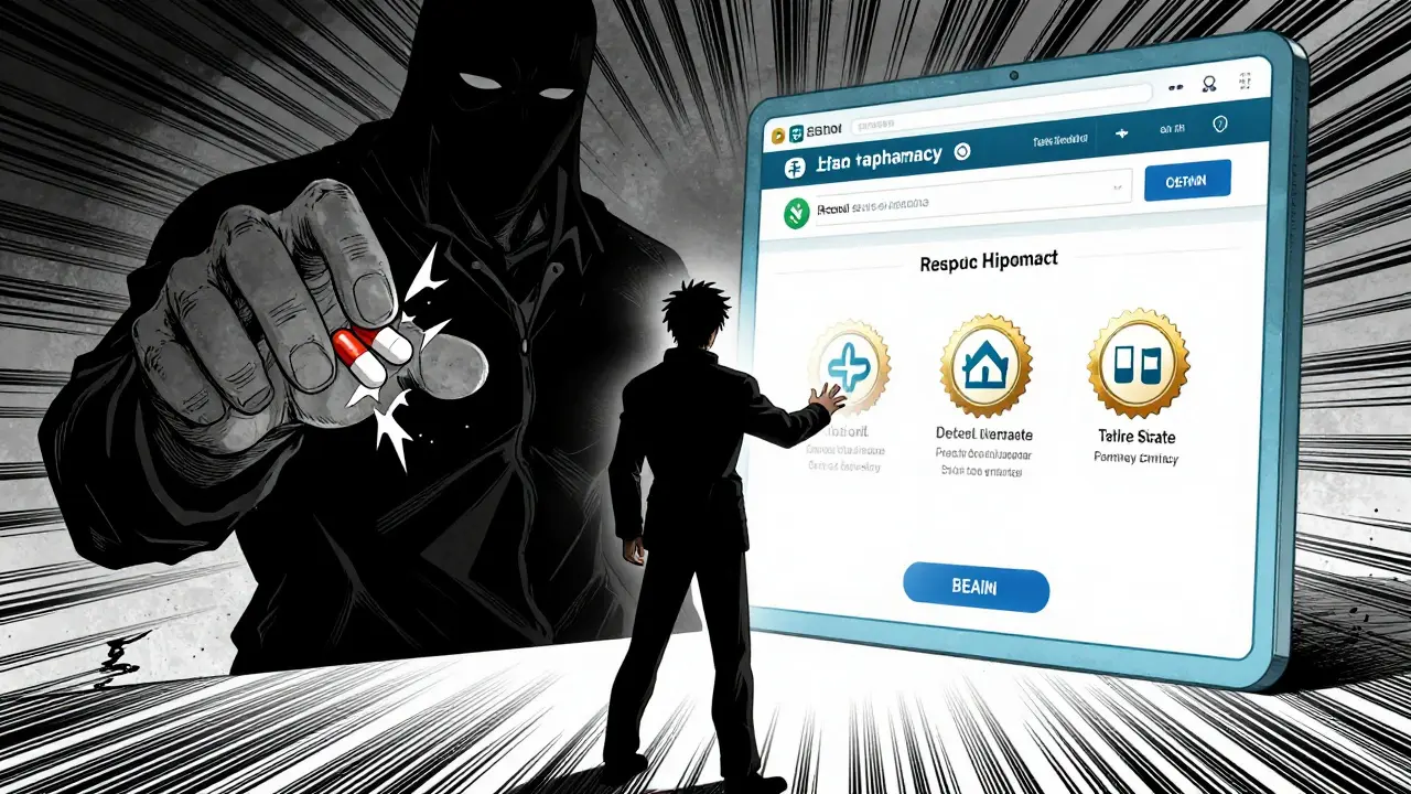 Manga art contrasting unsafe scams with safe online pharmacies