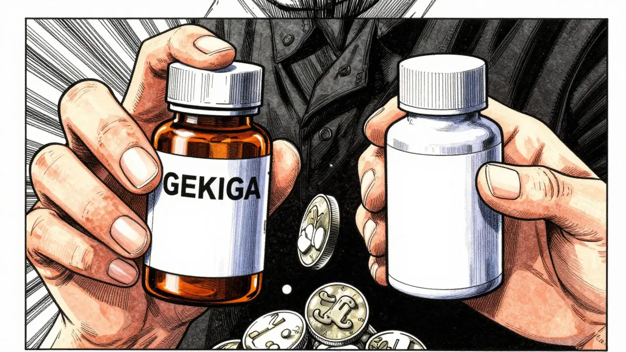 Manga style comparison of generic vs brand medicine bottles