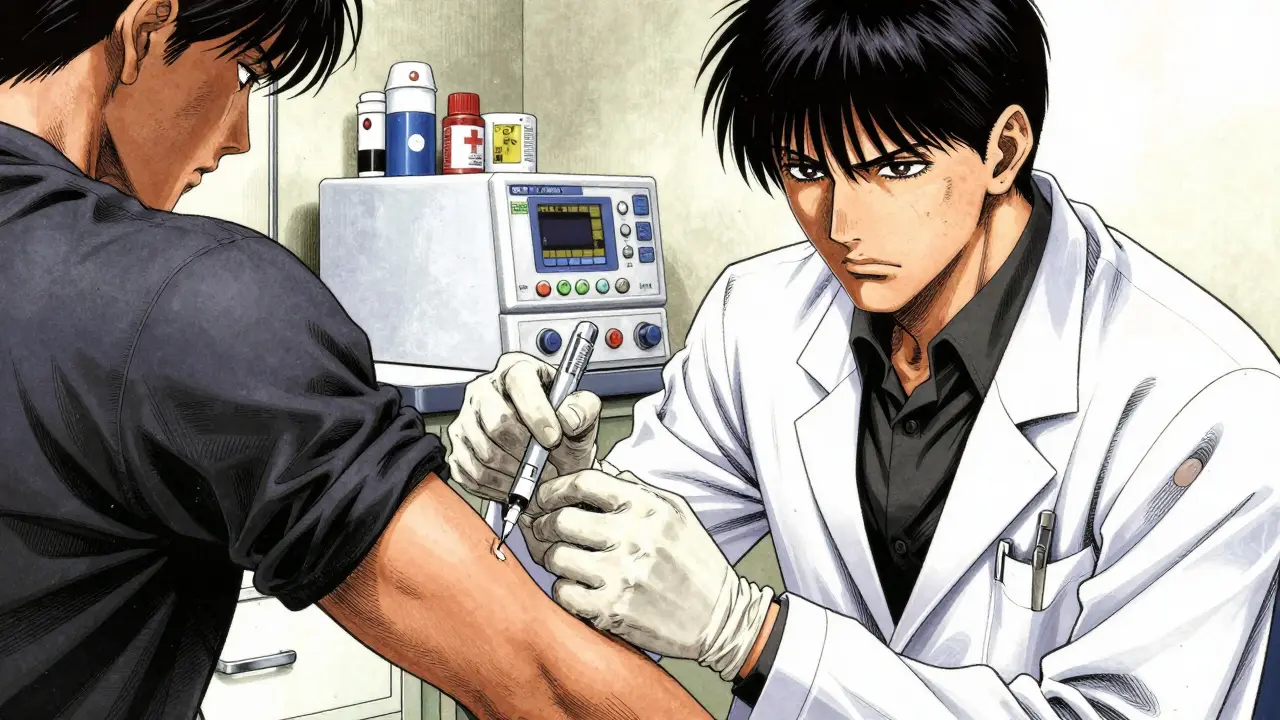 Manga style doctor performing a penicillin skin test on a patient