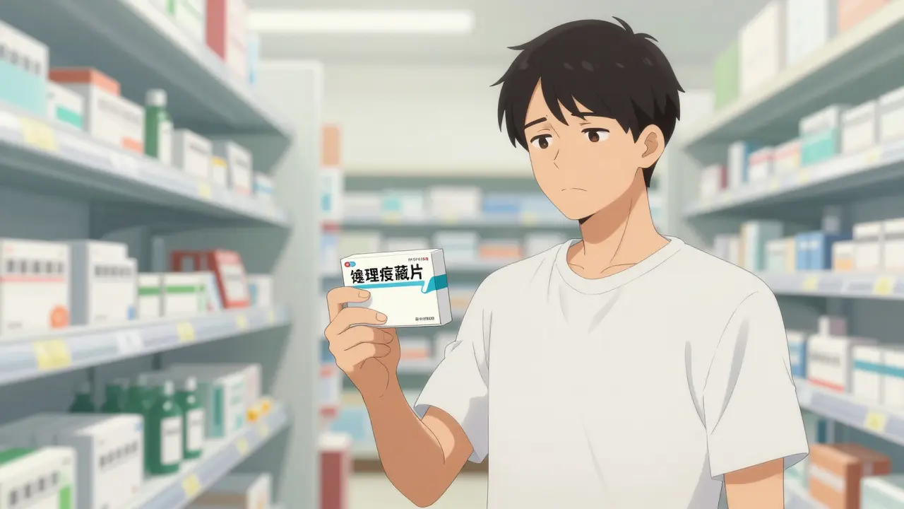 Person buying generic allergy meds safely in a pharmacy