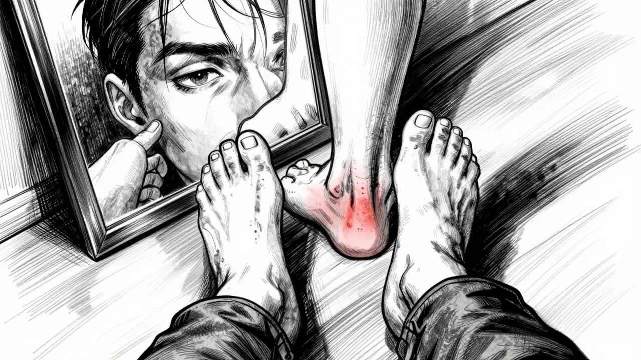 Person inspecting their feet in a mirror for health issues