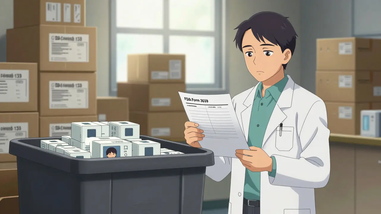 Pharmacist documenting disposal with forms and photos