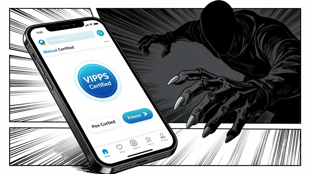 Smartphone showing safe pharmacy vs scammer shadow