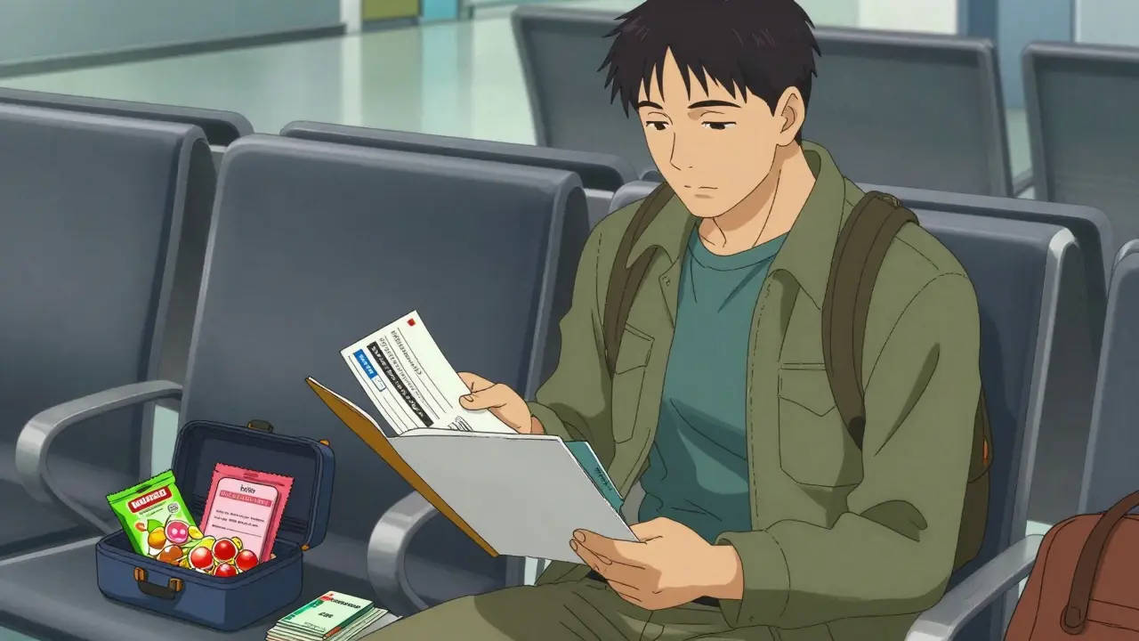 Traveler reviewing medical documents and snacks at airport