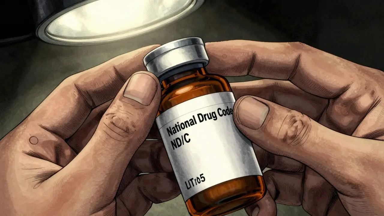 Close-up of hands checking NDC code on medicine bottle