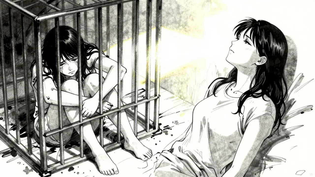 Contrast between anxious isolation and peaceful recovery in Gekiga style