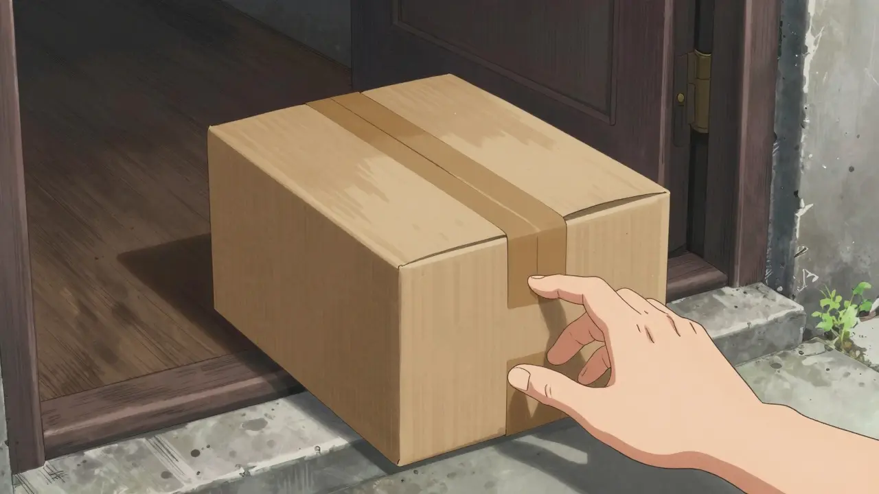 Discreet medication package delivery on doorstep, Gekiga style