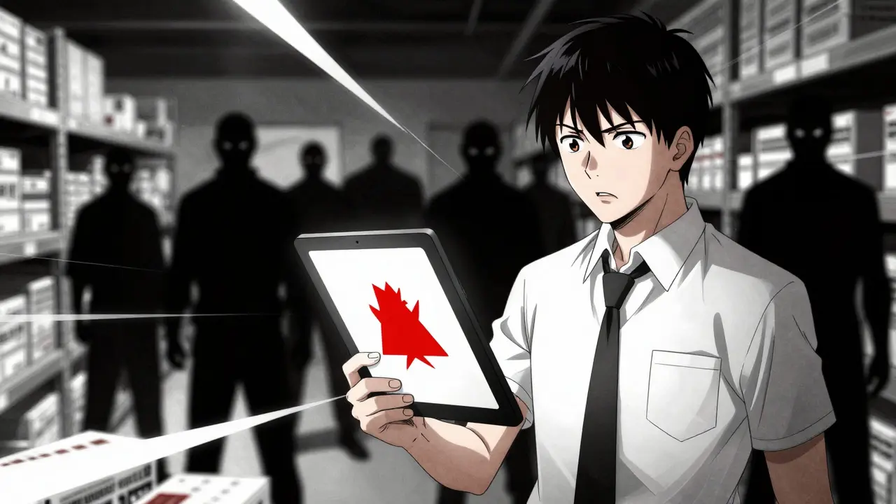 Distributor investigating suspicious drugs in a warehouse, Gekiga art.