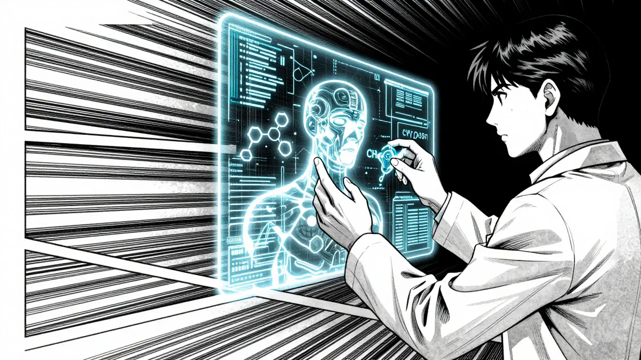 Doctor analyzing genetic data with AI, high-contrast manga art