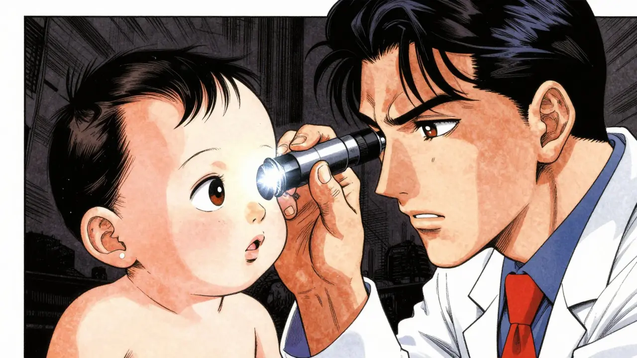 Doctor testing infant eye reflex with light beam