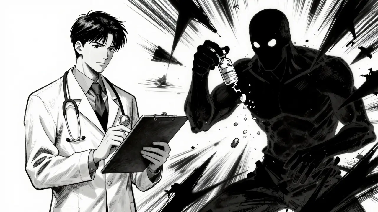 Doctor vs counterfeit drug dealer contrast in Gekiga manga art