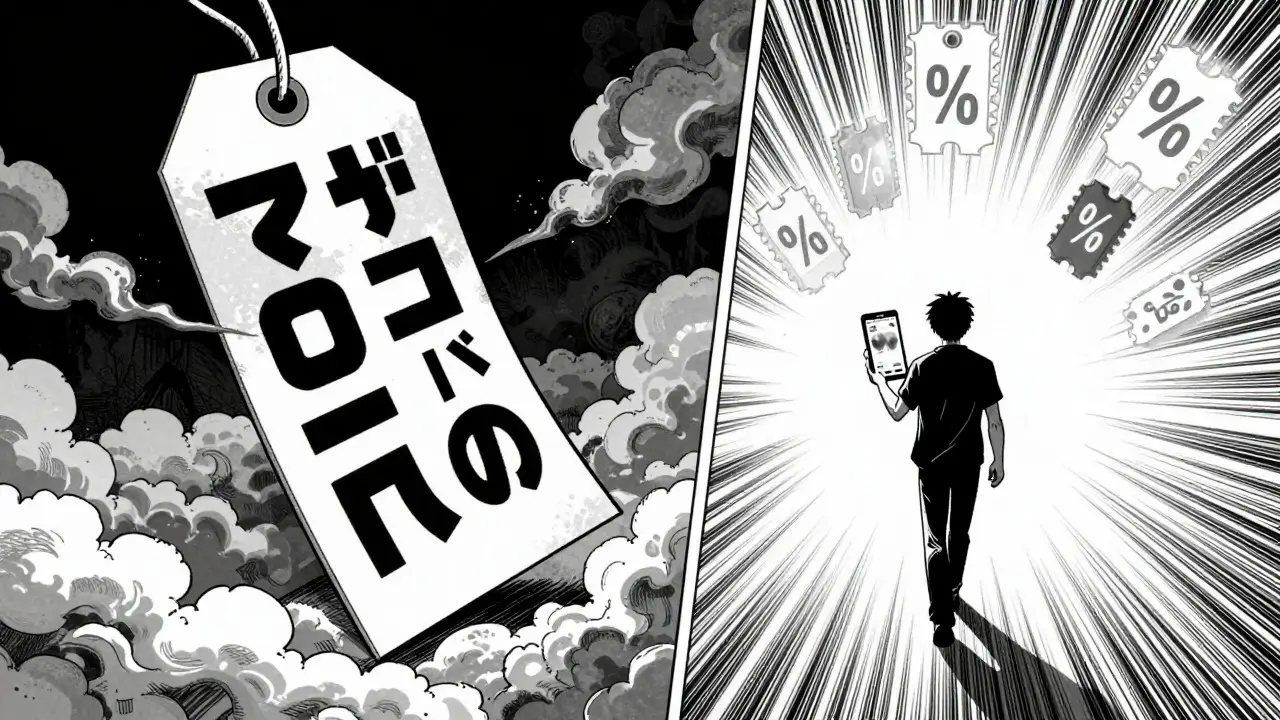 Figure walking toward light past price tags and coupons in Gekiga manga art