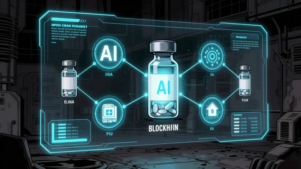 Futuristic AI and blockchain tech protecting medicine supply chain.