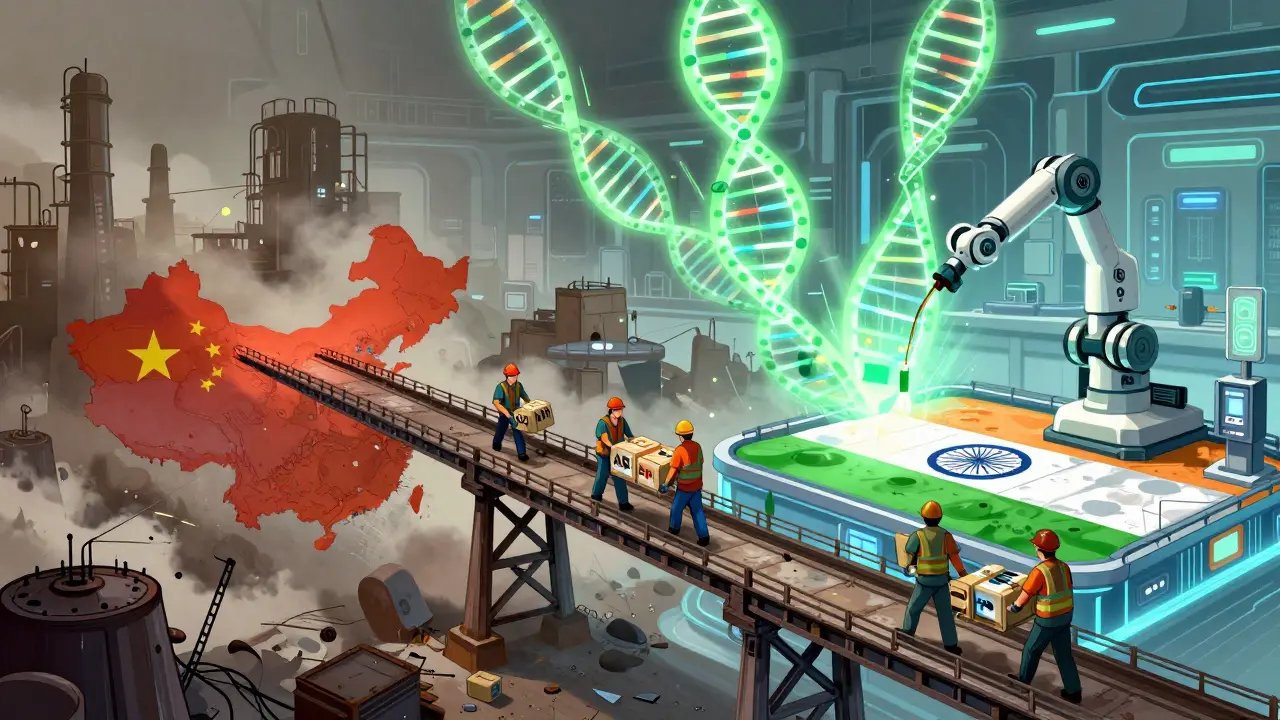 Gekiga illustration of supply chain diversification shifting from chemicals to futuristic biotech labs.