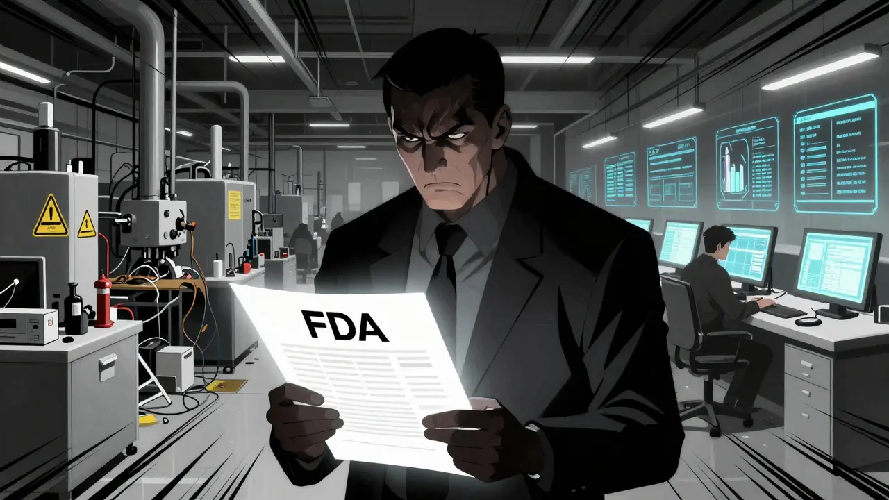 Gekiga style scene showing FDA inspectors scrutinizing chaotic vs. compliant pharma factories.