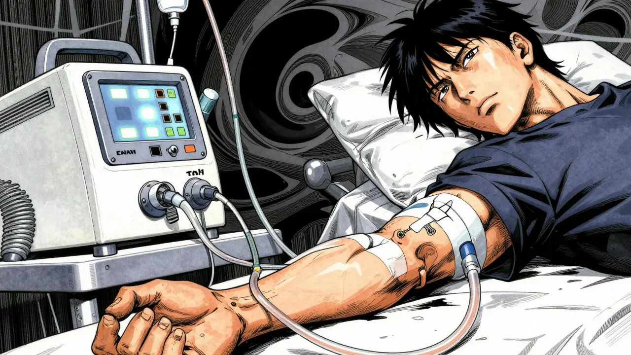 Manga style close up of hemodialysis machine and tubes