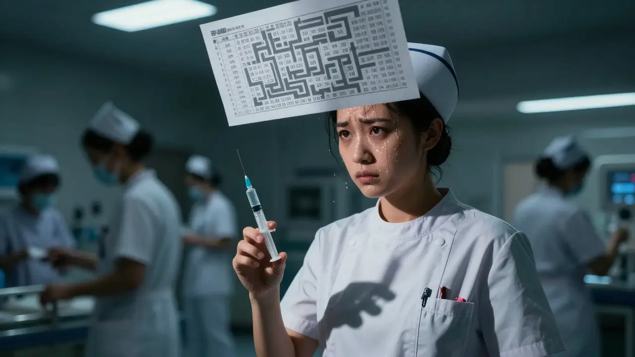 NICU nurse calculating dose with anxious expression, Gekiga