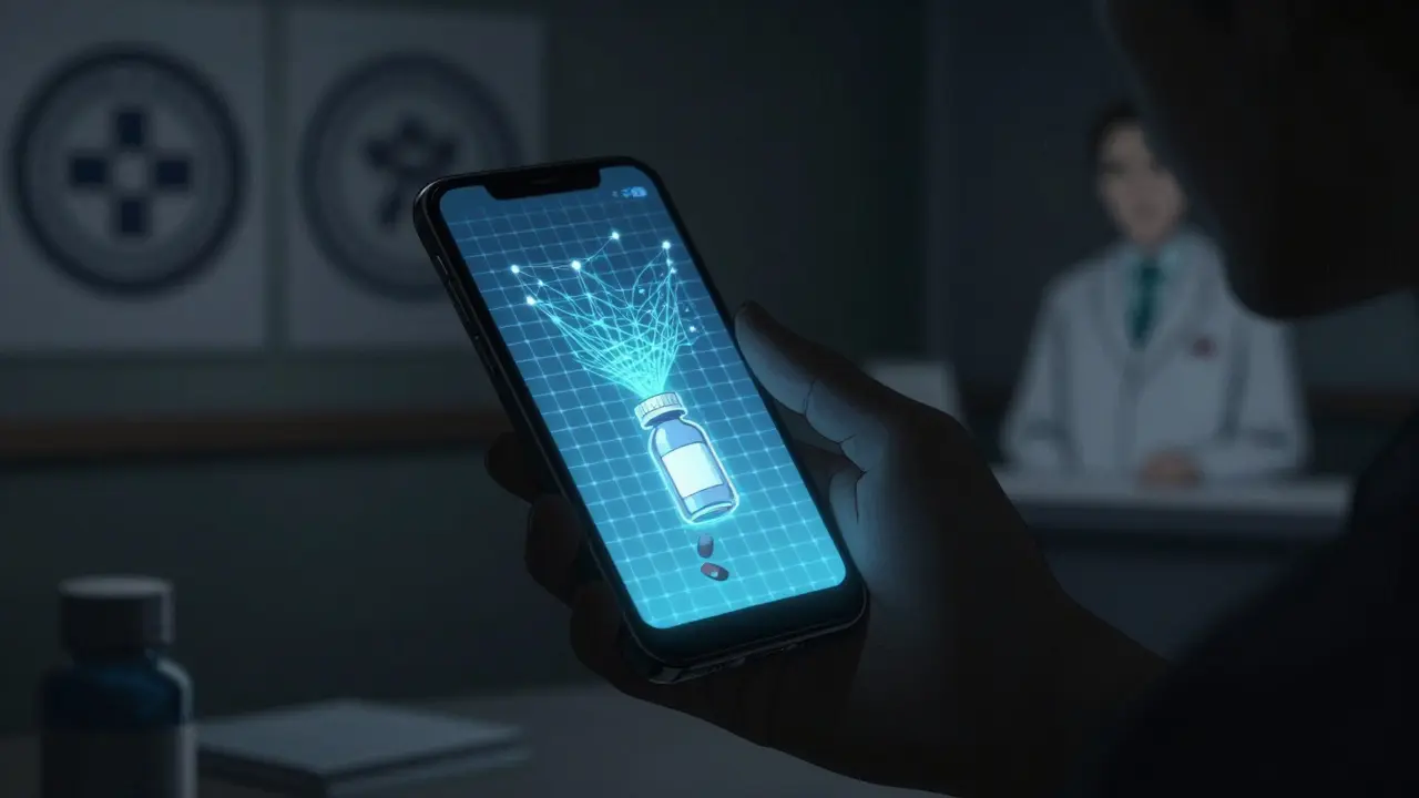 Patient using phone for safe med check, dark anime illustration