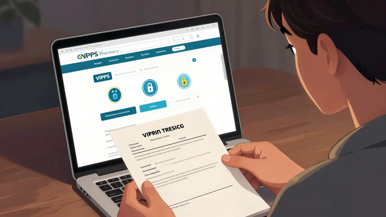 Person verifying safe online pharmacy credentials on laptop
