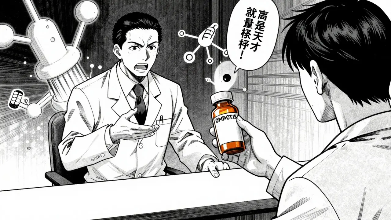 Pharmacist advising patient on medication label, serious tone