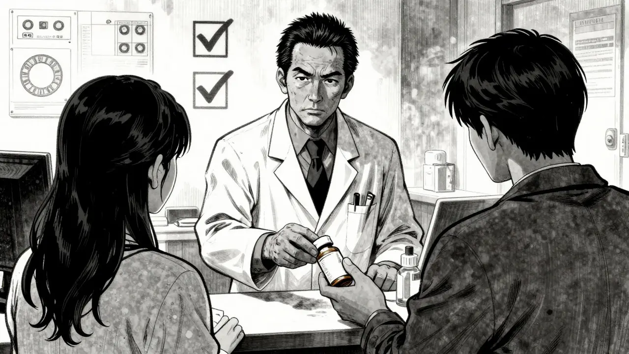 Pharmacist handing prescription to customer with safety symbols in Gekiga style