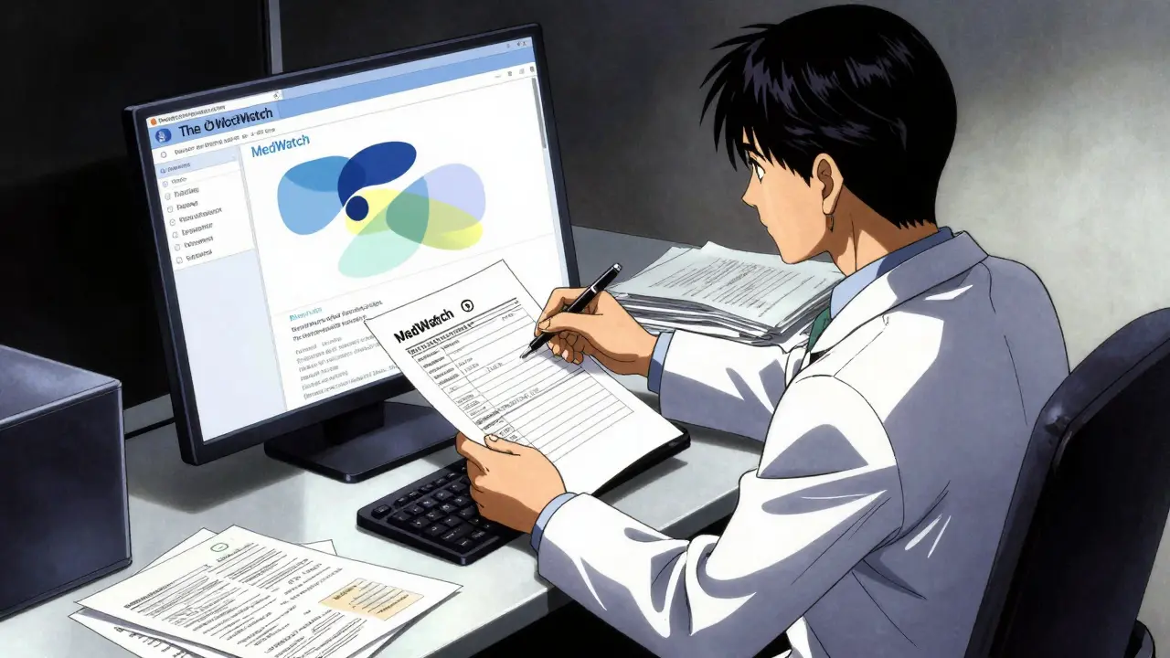 Pharmacist submitting adverse event report in Gekiga style