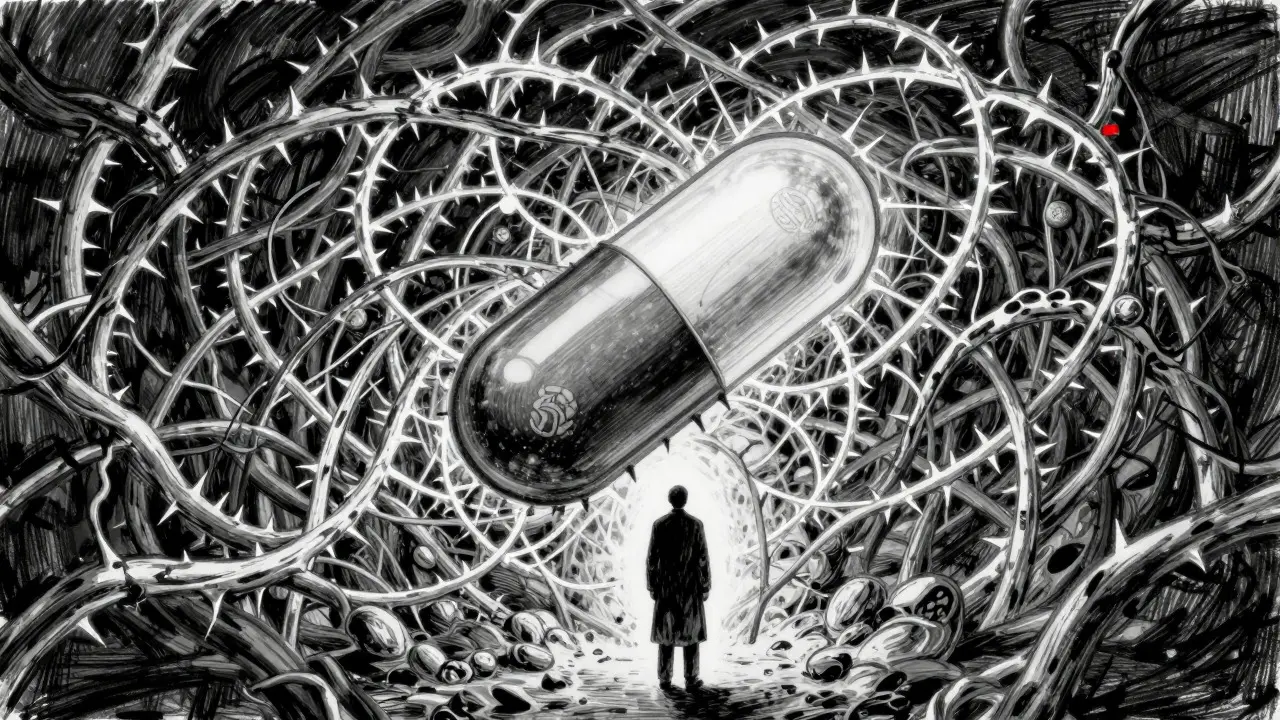 Scientist faces tangled patent web surrounding a pill