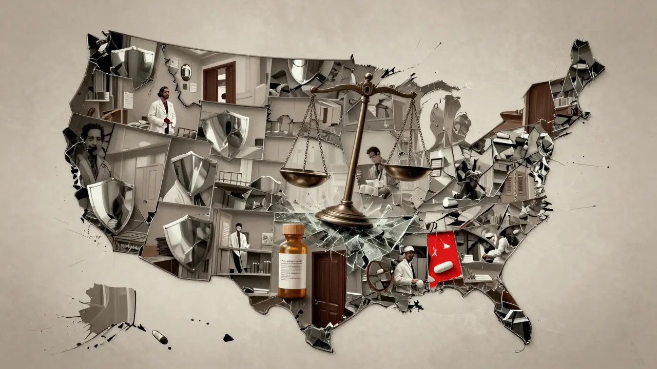 Shattered US map mosaic showing varied legal risks and tilted justice scale