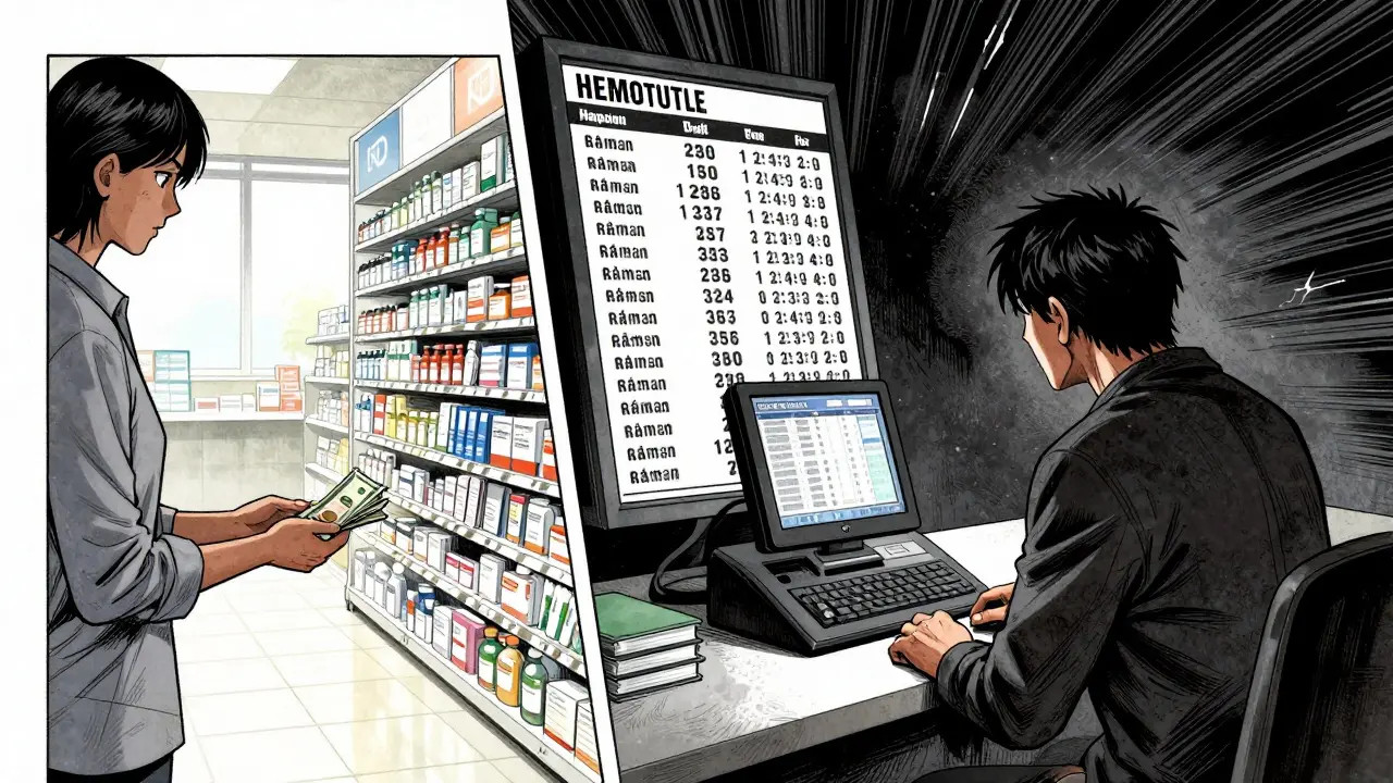 Split scene contrasting low drug costs abroad with high prices in US pharmacies
