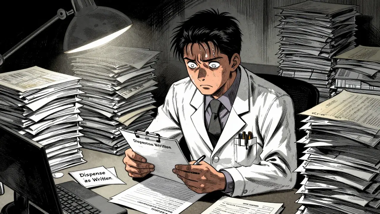 Stressed physician at desk surrounded by papers, writing prescription under pressure