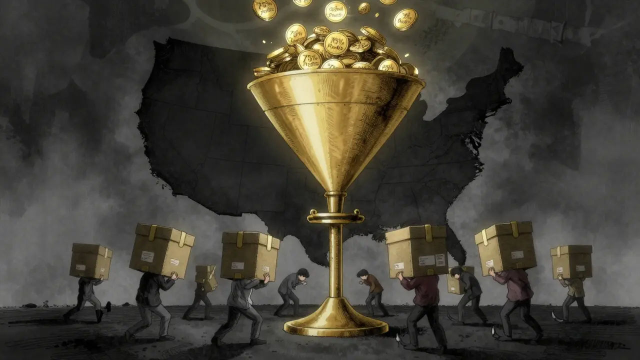 Symbolic map of US collecting global profits while citizens struggle with costs
