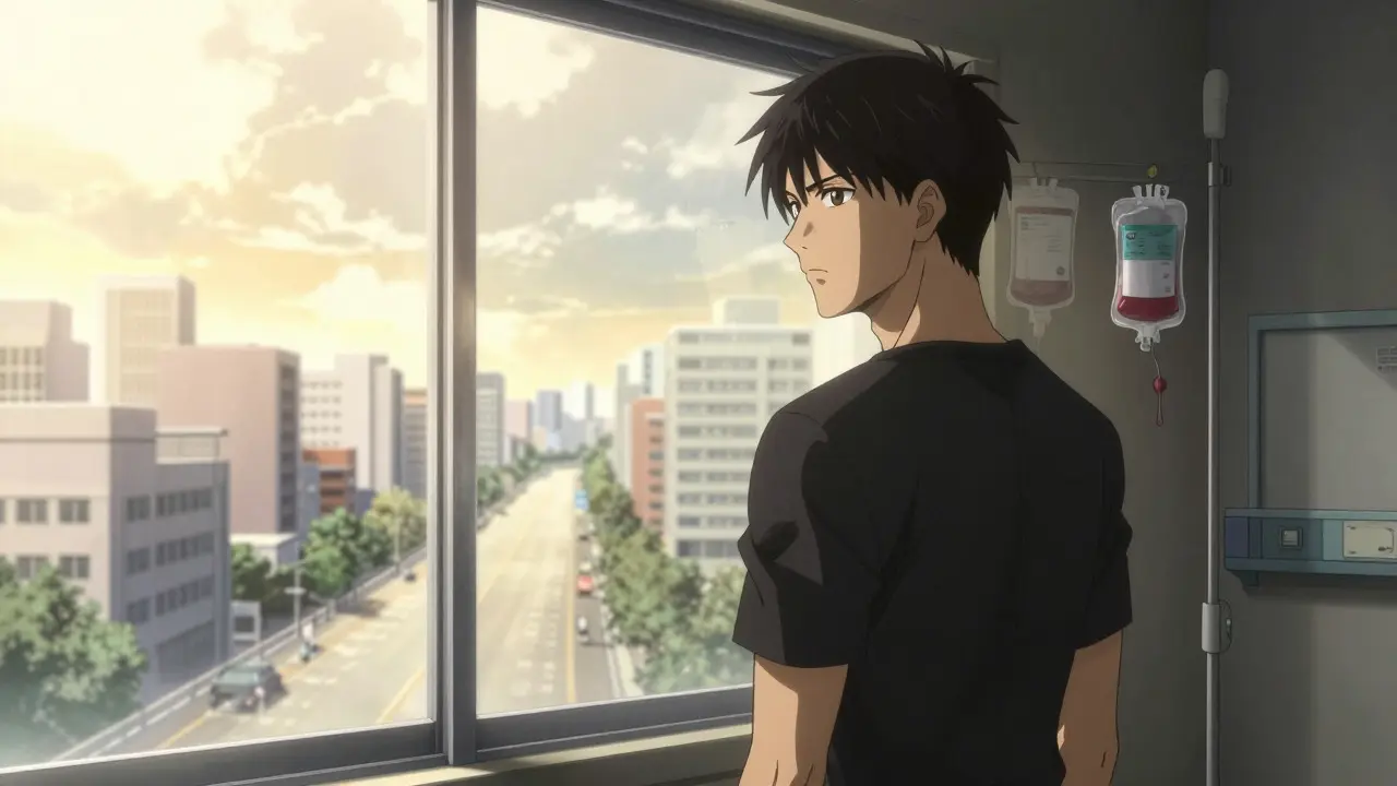 Anime depiction of a patient looking out a hospital window with a sense of hope