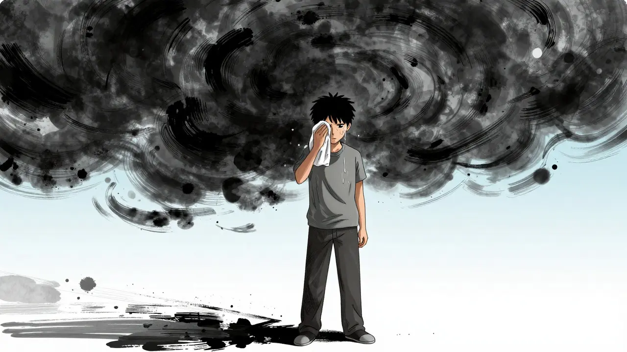 Character standing firm against abstract dark clouds representing illness
