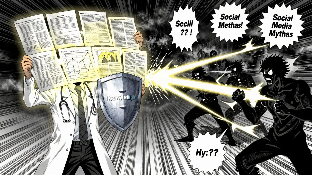 Conceptual manga battle between expert medical facts and chaotic social media myths.