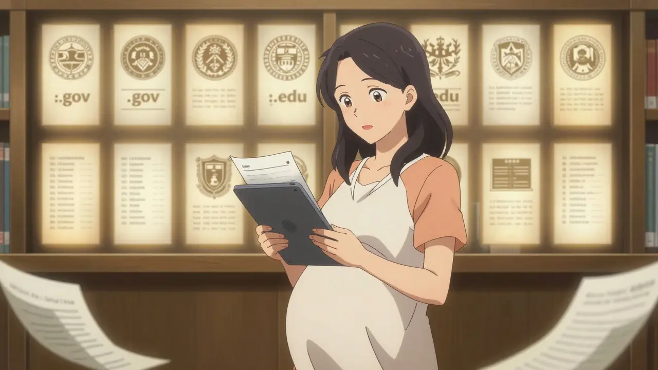 Confident woman verifying pregnancy medication info using authoritative government sources.