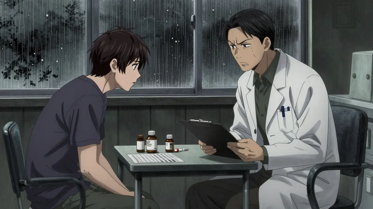 Doctor consulting with patient about medication list in office