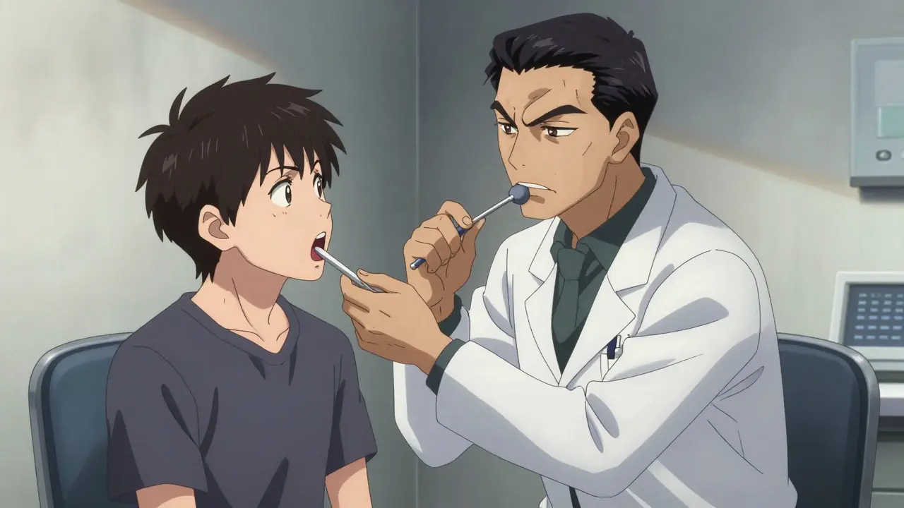 Doctor examining a patient's throat in a clinical setting
