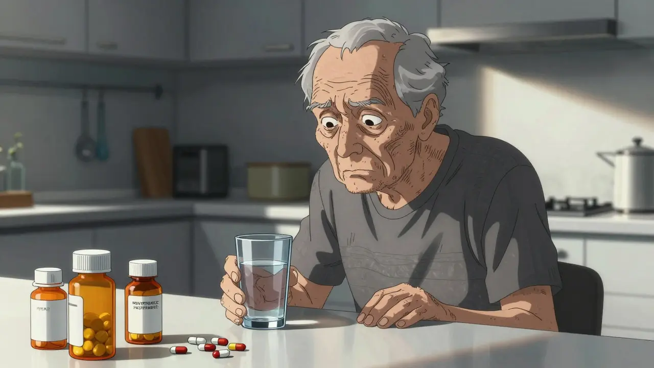 Elderly person looking worried at pill bottles in kitchen