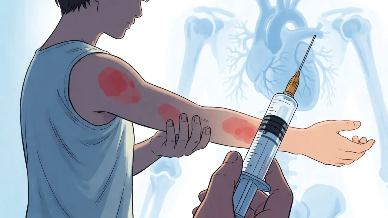 Figure holding medication with arm transitioning from inflamed to clear skin