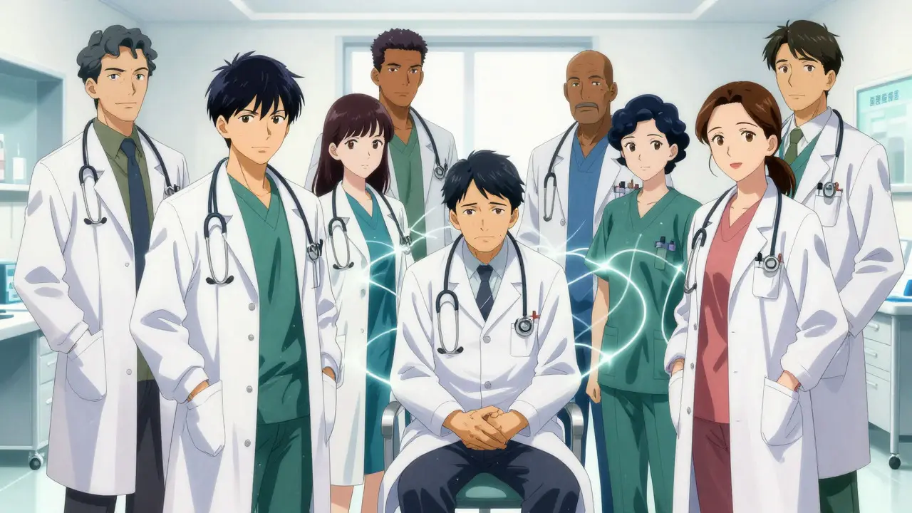 Gekiga style anime showing a unified medical team collaborating around a patient in a clinic.
