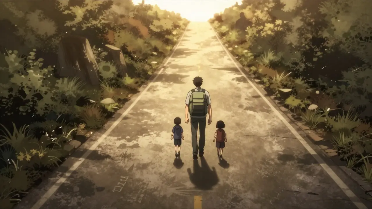 Gekiga style artwork of a person walking a long, winding path toward a bright horizon, representing recovery.
