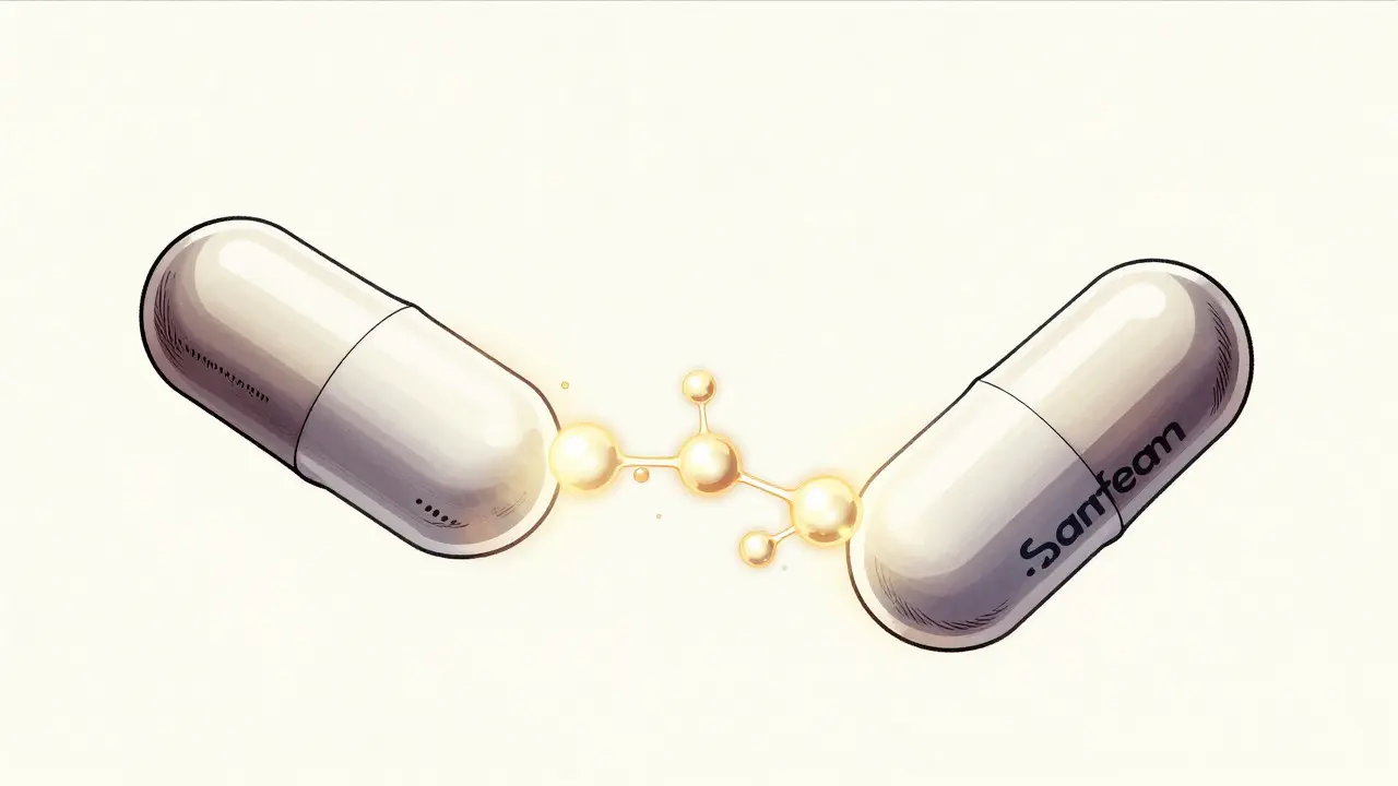 Generic fluoxetine capsules linked by glowing serotonin chains