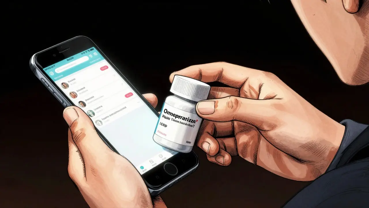 Hand holding a pill bottle next to a smartphone
