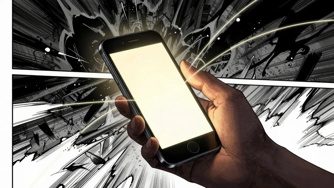 Hand holding glowing phone in dark, chaotic space, seeking help