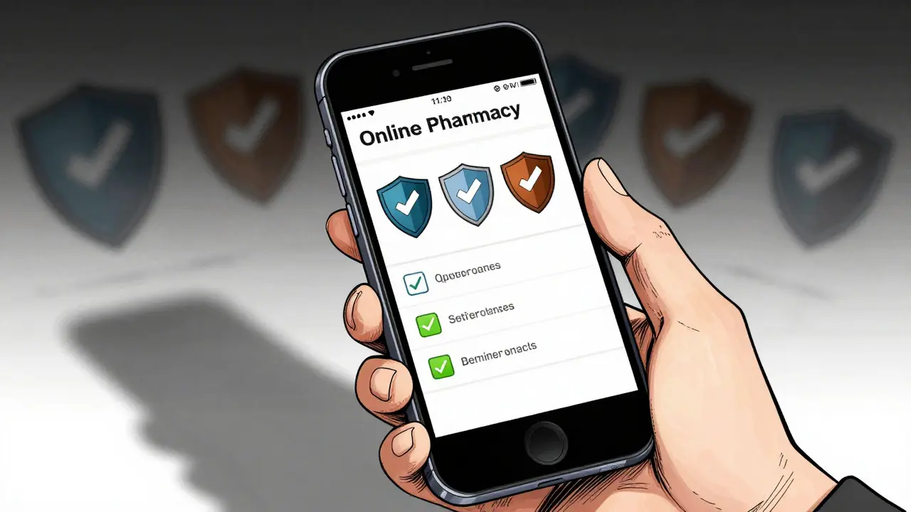 Hand holding phone showing safe online pharmacy purchase process