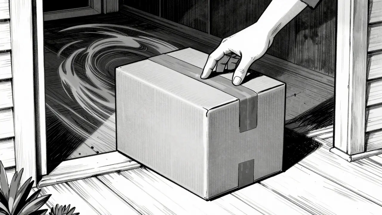 Mail-order medication package with tamper-evident seal on doorstep