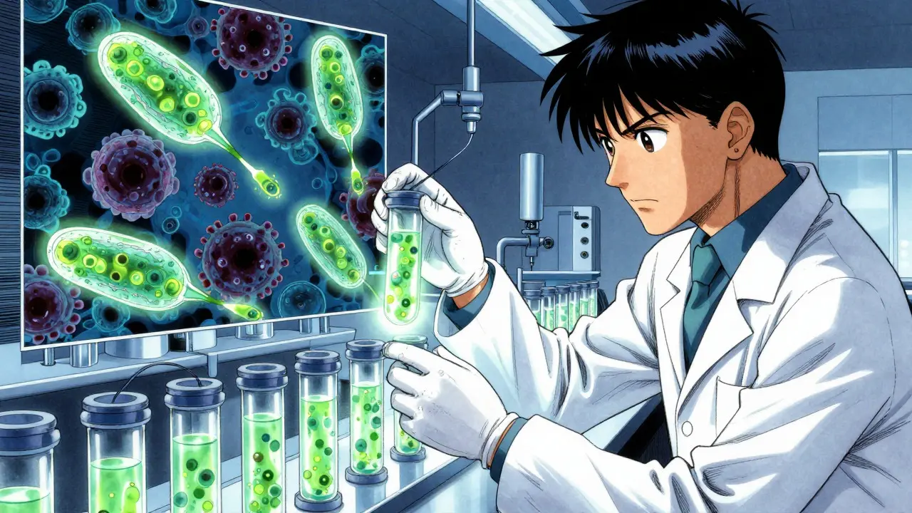 Manga art of a scientist engineering glowing CAR T-cells in a laboratory setting