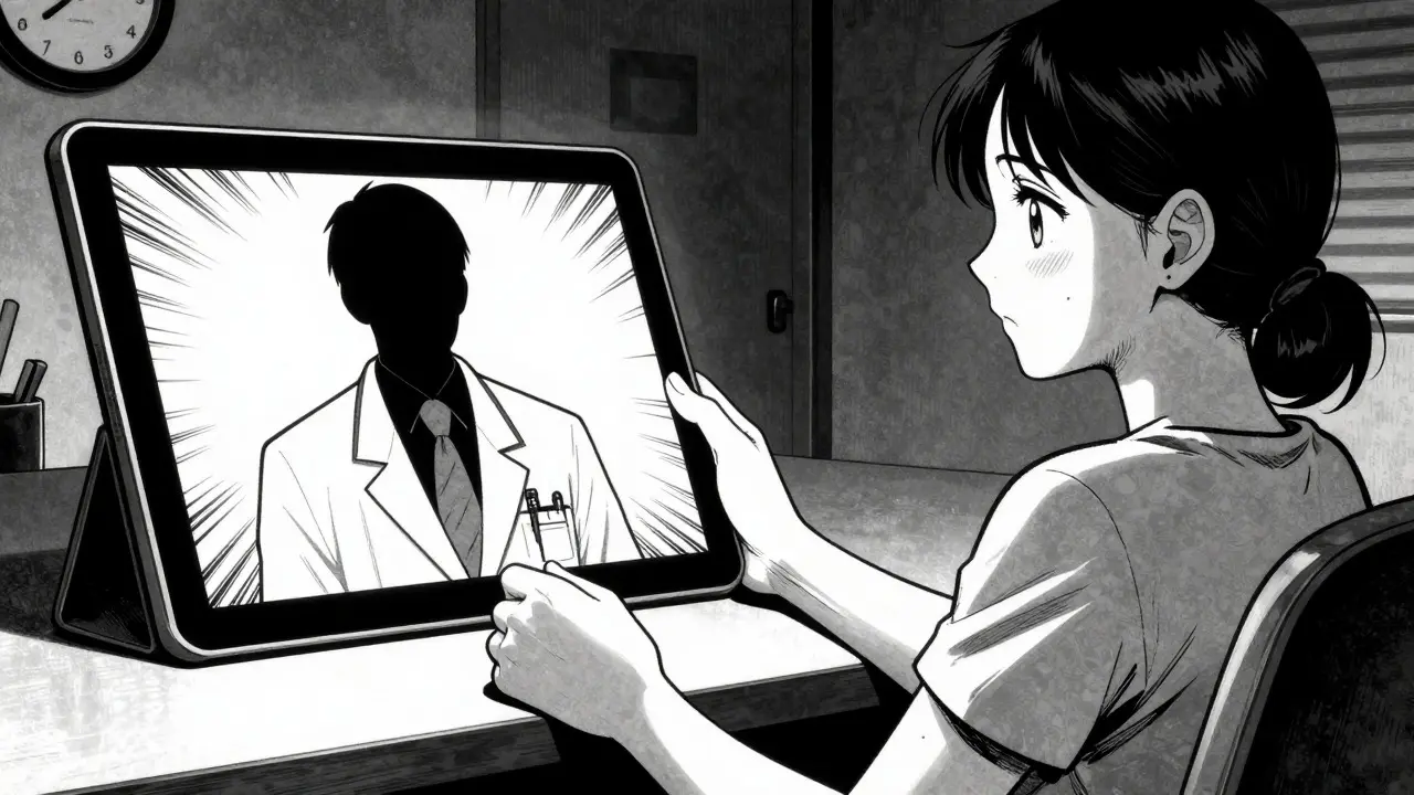 Patient receiving telehealth consultation on tablet with relieved expression