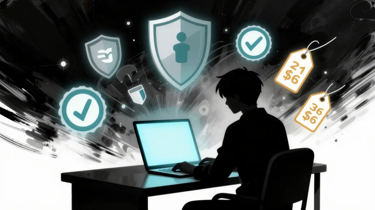 Person researching safe online pharmacy options at night
